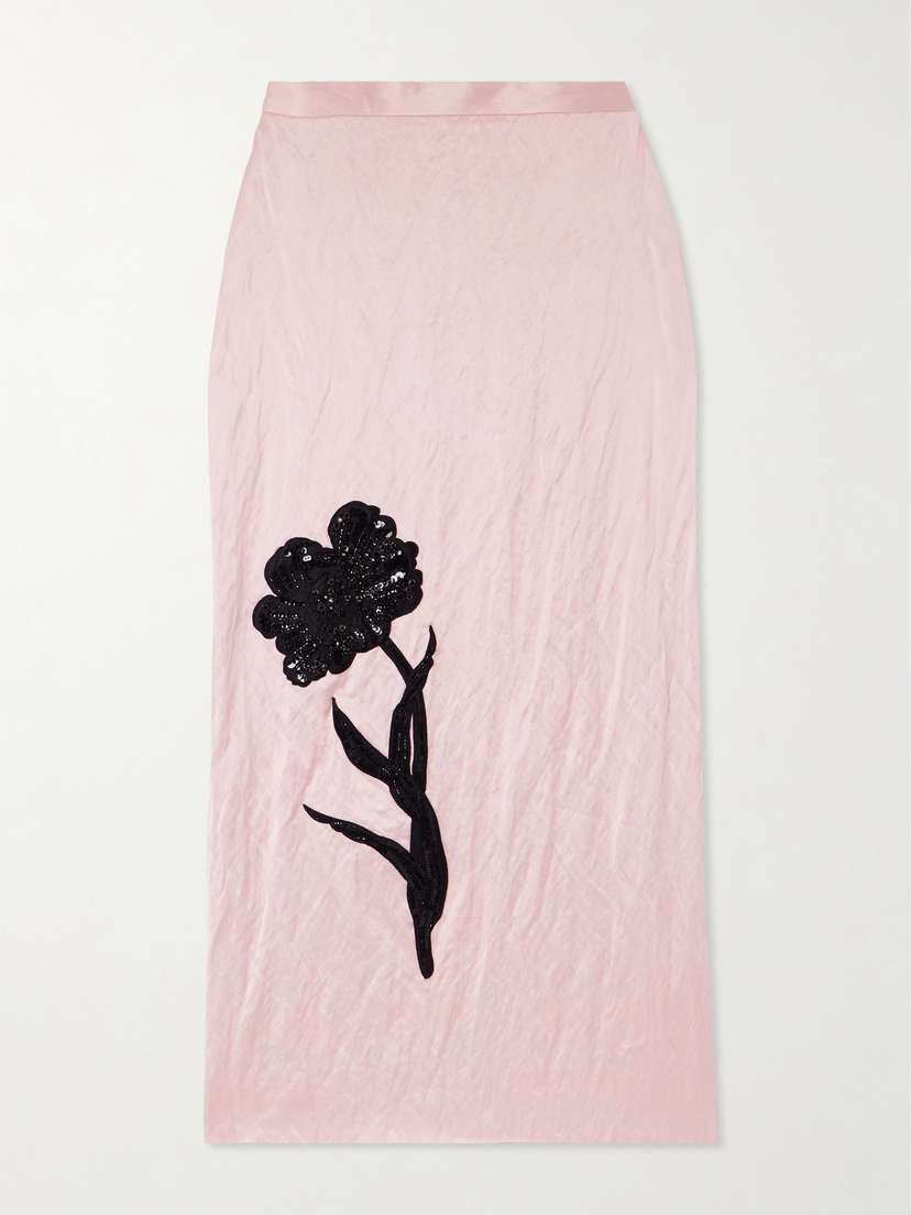 Erdem Embellished Appliquéd Crinkled-satin Midi Skirt - UK 16