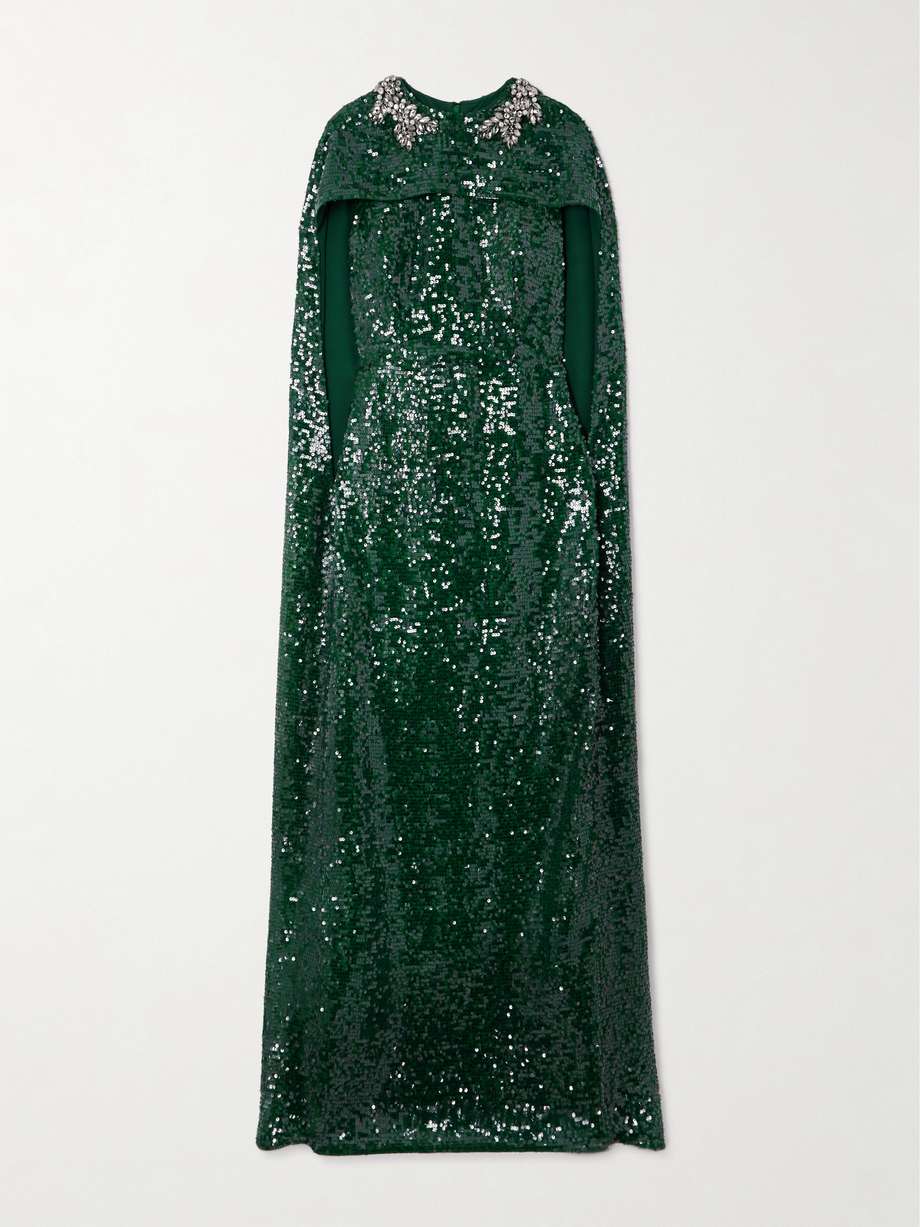 cape-effect crystal-embellished sequined crepe gown