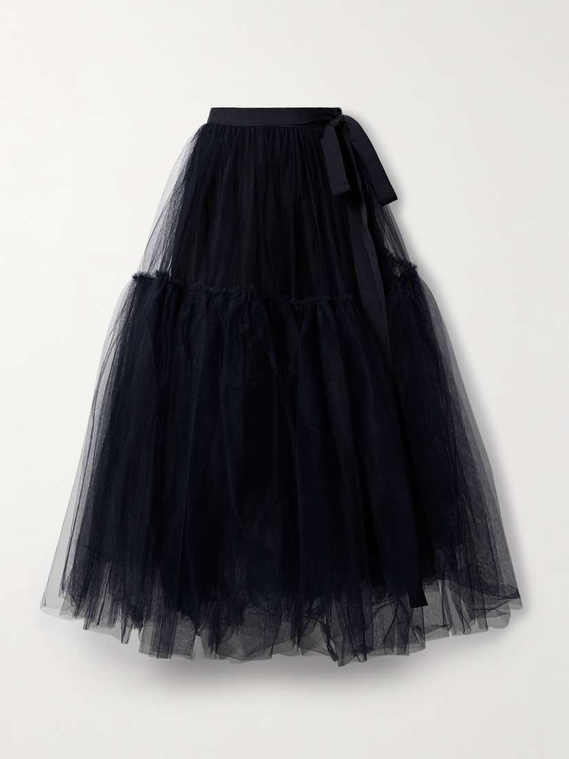 Erdem Grosgrain-trimmed Gathered Tulle Midi Skirt