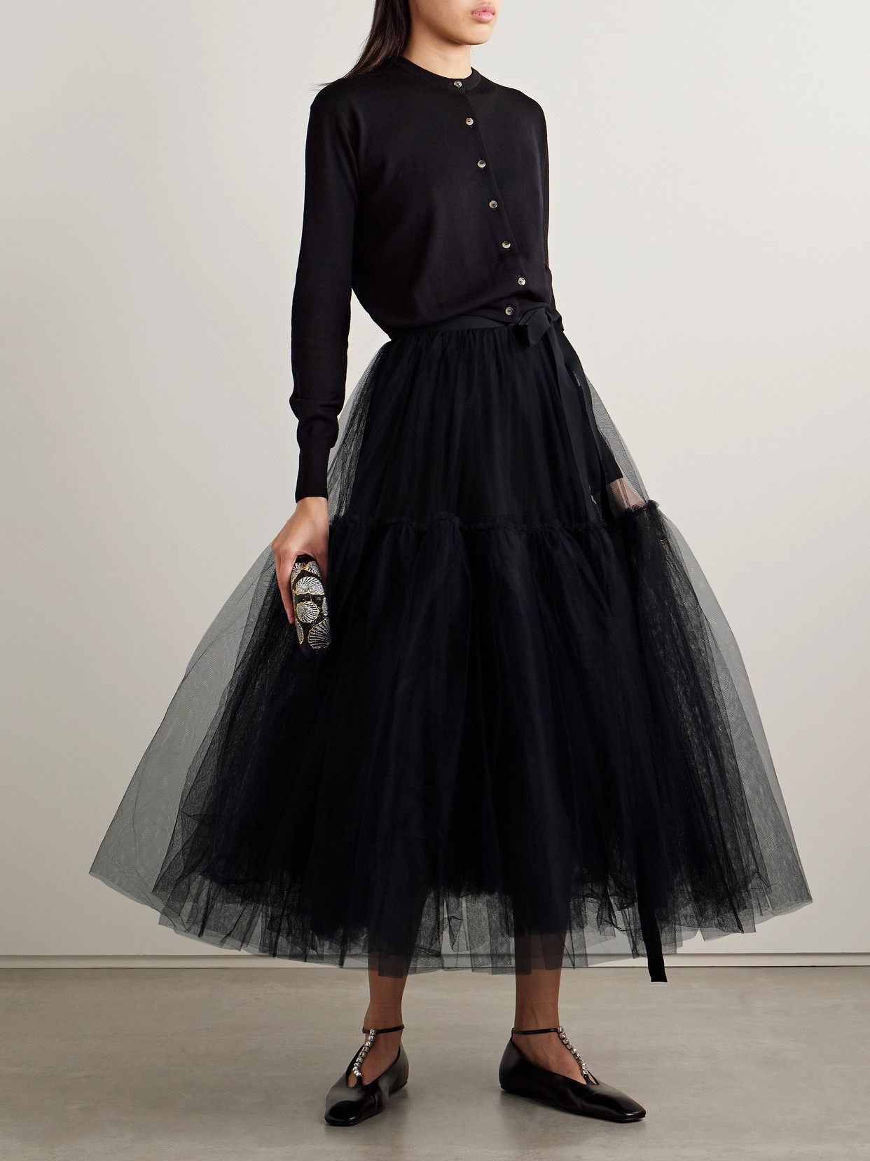 Erdem Grosgrain-trimmed Gathered Tulle Midi Skirt In Black