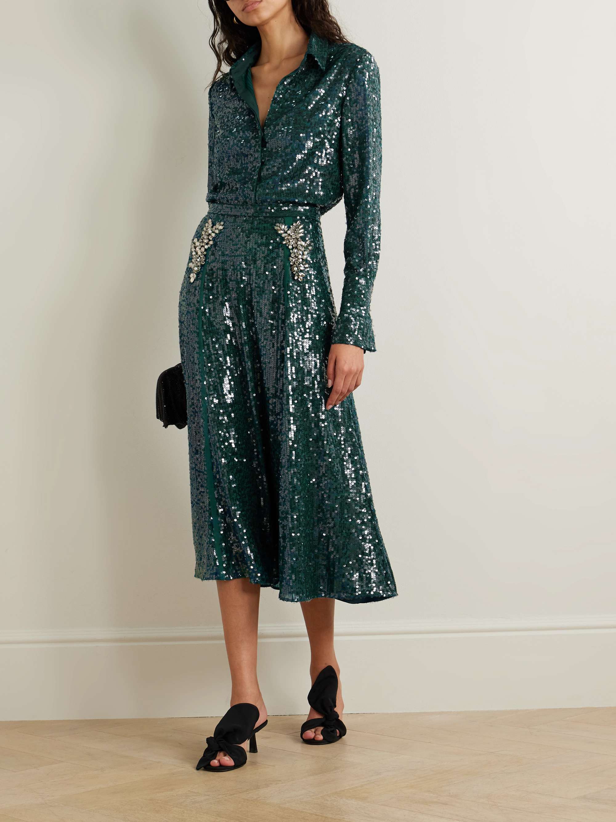 Green sequin embellished wrap midi skirt 2025