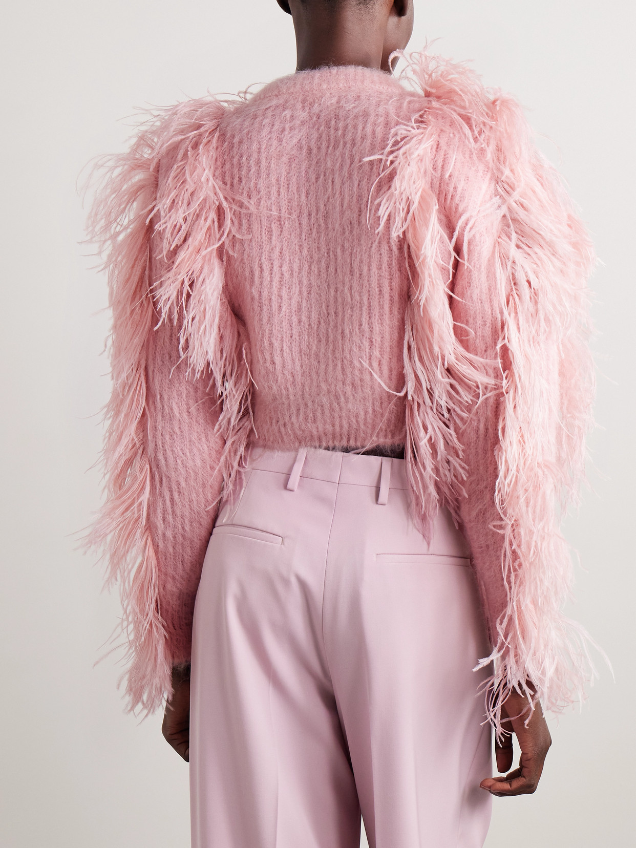 Erdem Cropped Feather-trimmed Mohair-blend Cardigan In Pink