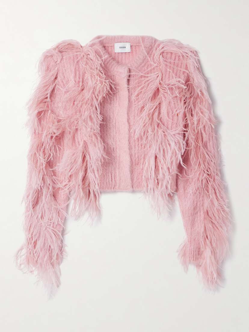 Erdem Cropped Feather-trimmed Mohair-blend Cardigan