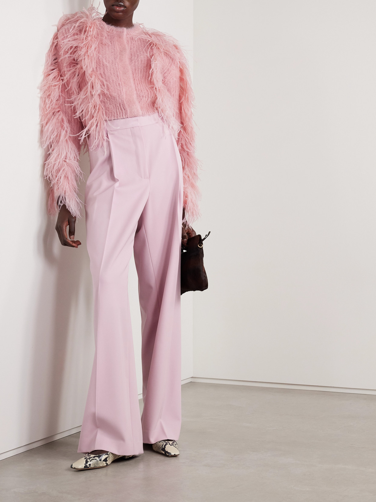 Erdem Cropped Feather-trimmed Mohair-blend Cardigan In Pink