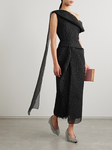 Erdem One-shoulder draped textured-organza midi dress