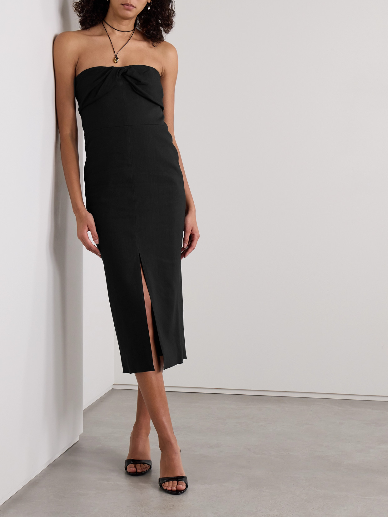 ISABEL MARANT DARLENA STRAPLESS GATHERED HEMP-BLEND MIDI DRESS