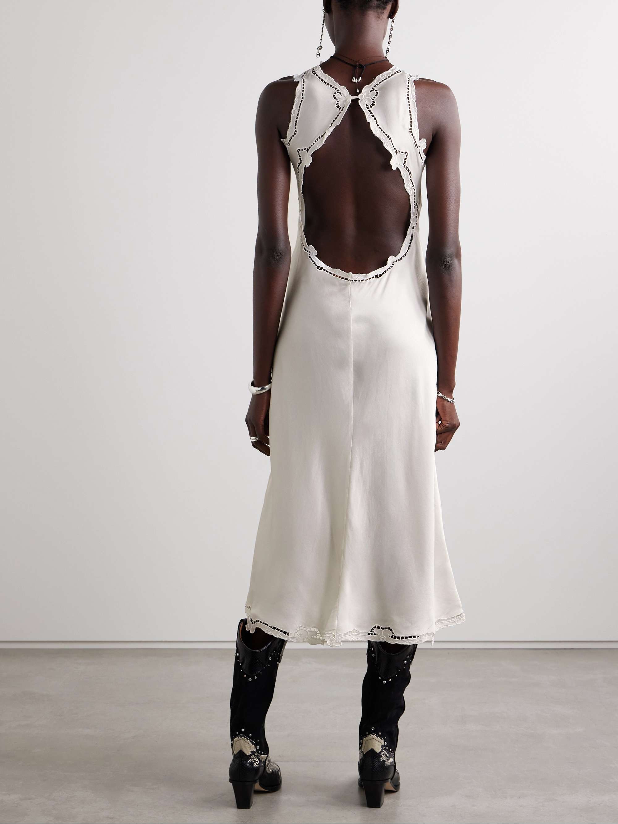 ISABEL MARANT Robe midi dos ouvert en satin de soie à finitions en dentelle Jadel