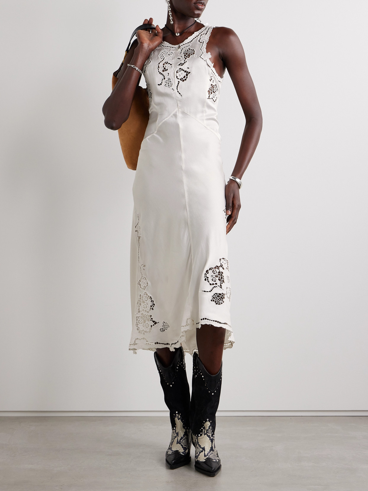 Isabel Marant Jadel Open-back Guipure Lace-trimmed Silk-blend Satin Midi Dress In Ecru