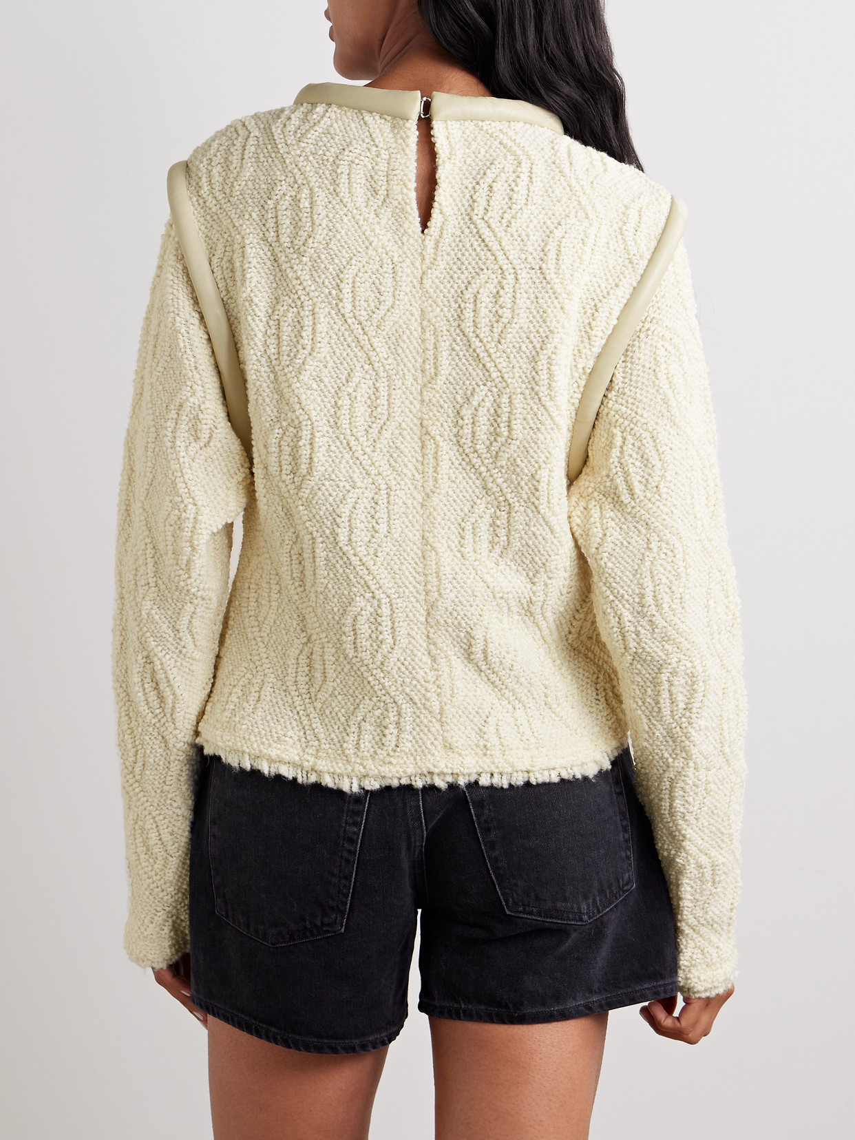 Isabel Marant Ladiva Leather-trimmed Cable-knit Wool-blend Bouclé Sweater In Ecru