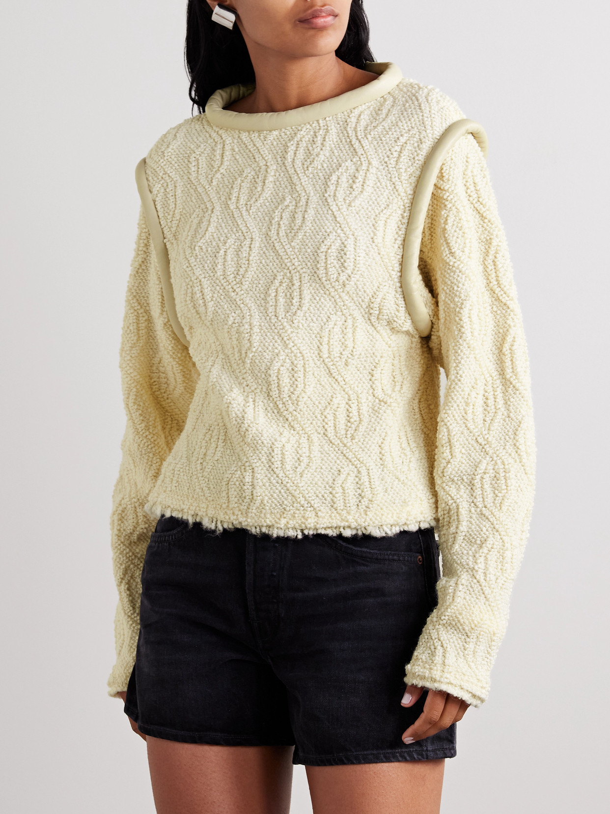 Isabel Marant Ladiva Leather-trimmed Cable-knit Wool-blend Bouclé Sweater In Ecru