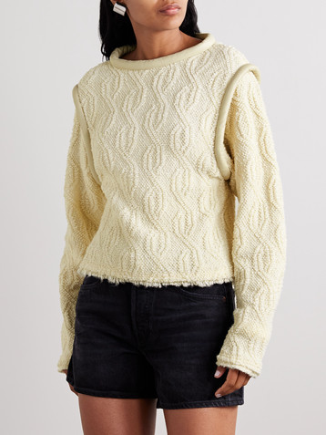 Isabel Marant Ladiva leather-trimmed cable-knit wool-blend bouclé sweater