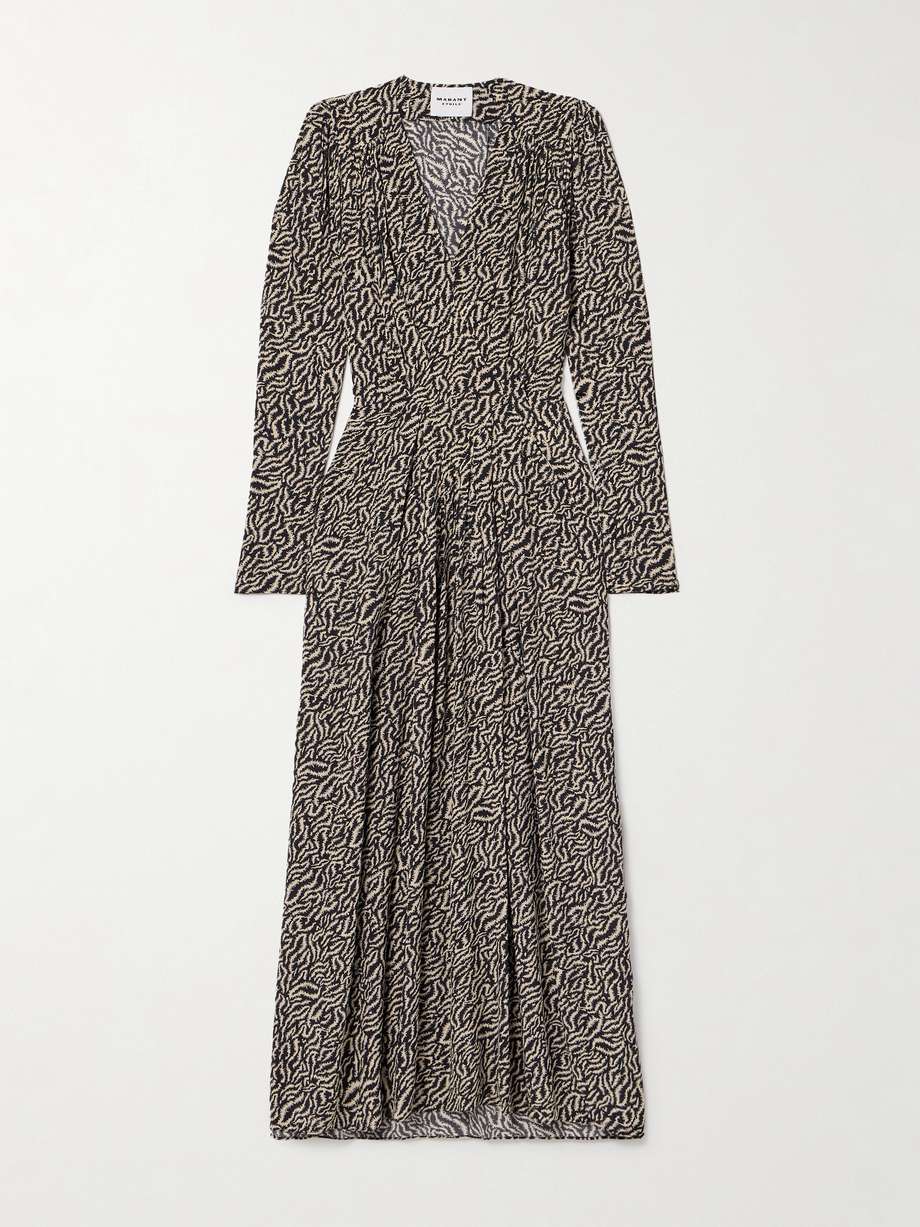 vonick pleated printed crepe de chine maxi dress