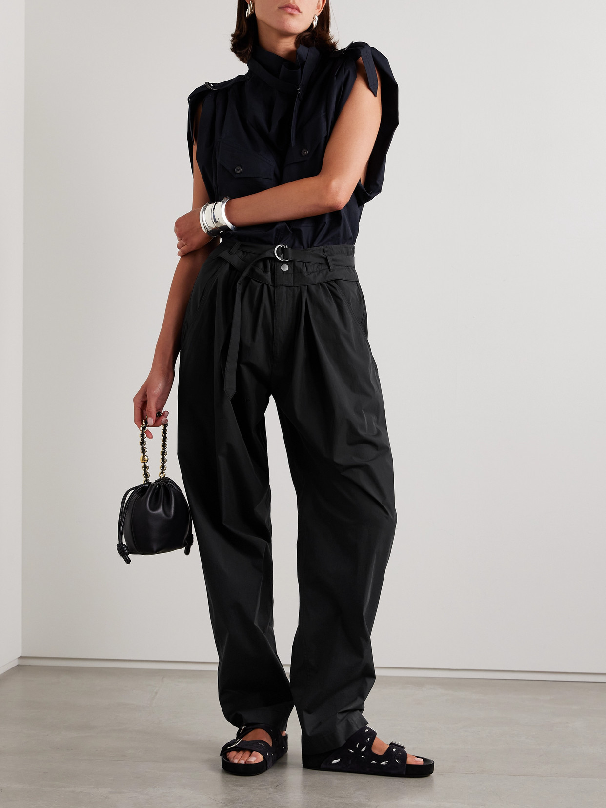 Isabel Marant Étoile Celia Belted Pleated Shell Tapered Pants In Black