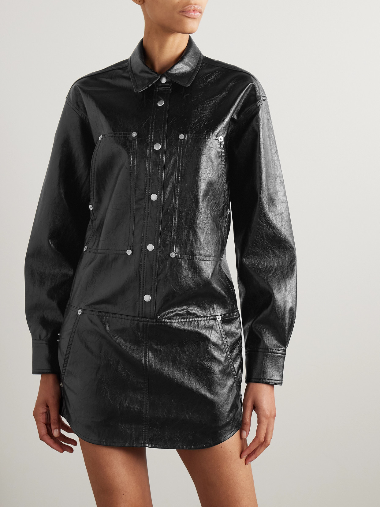 Isabel Marant Étoile Ayali Crinkled-faux Leather Mini Shirt Dress In Black