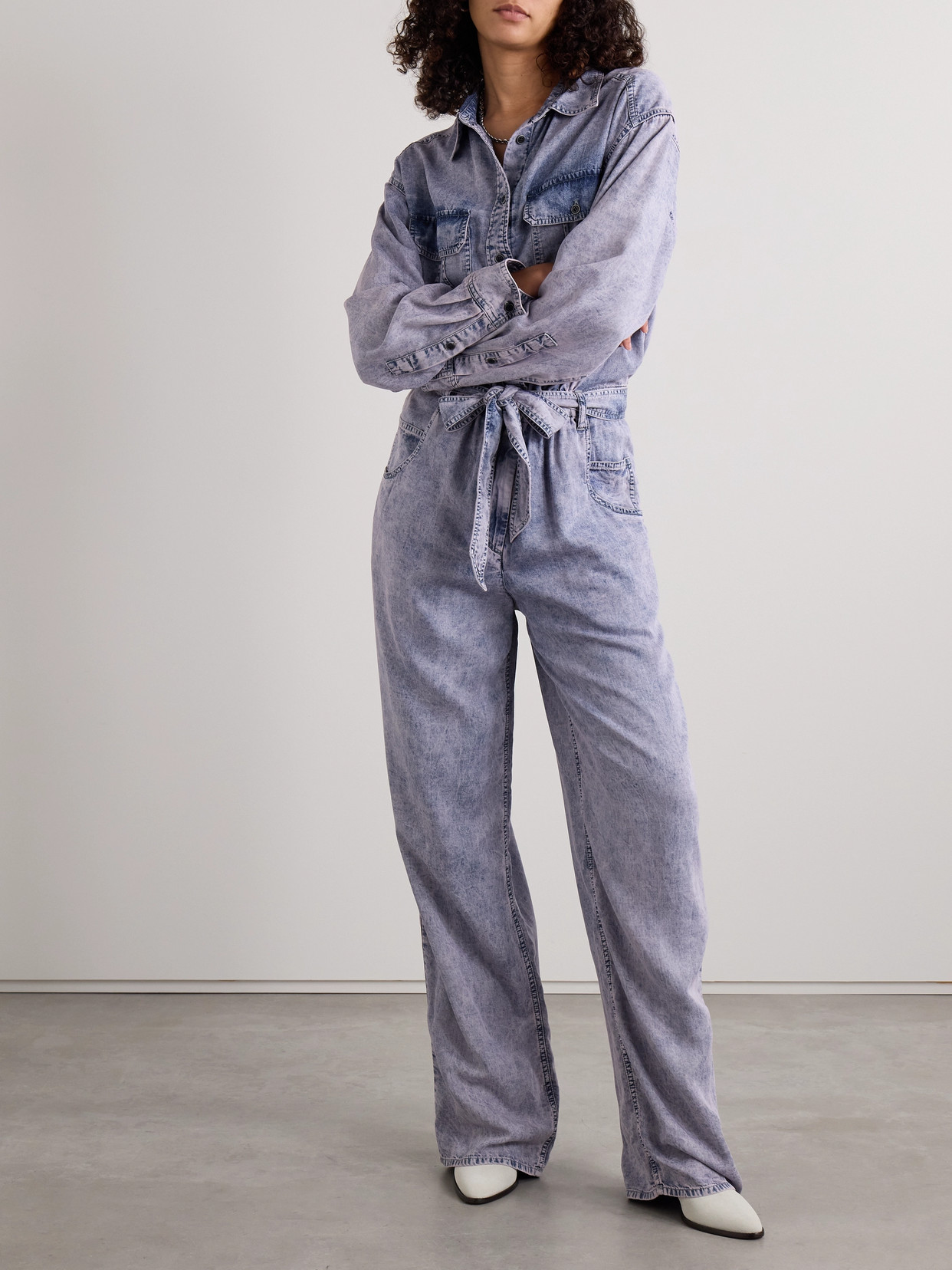 Isabel Marant Étoile Paige Belted Acid-wash Lyocell-chambray Jumpsuit In Blue