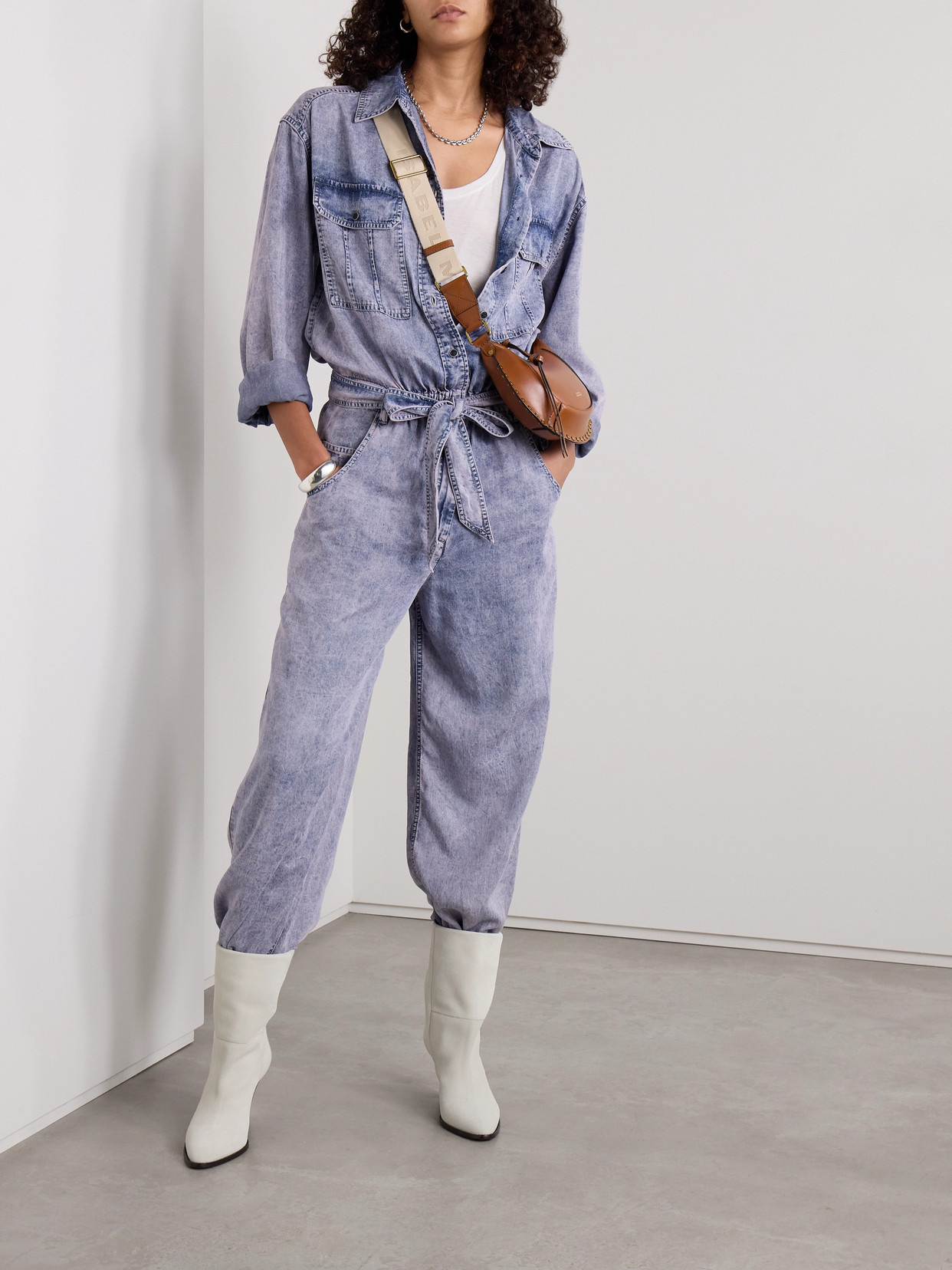 Isabel Marant Étoile Paige Belted Acid-wash Lyocell-chambray Jumpsuit In Blue
