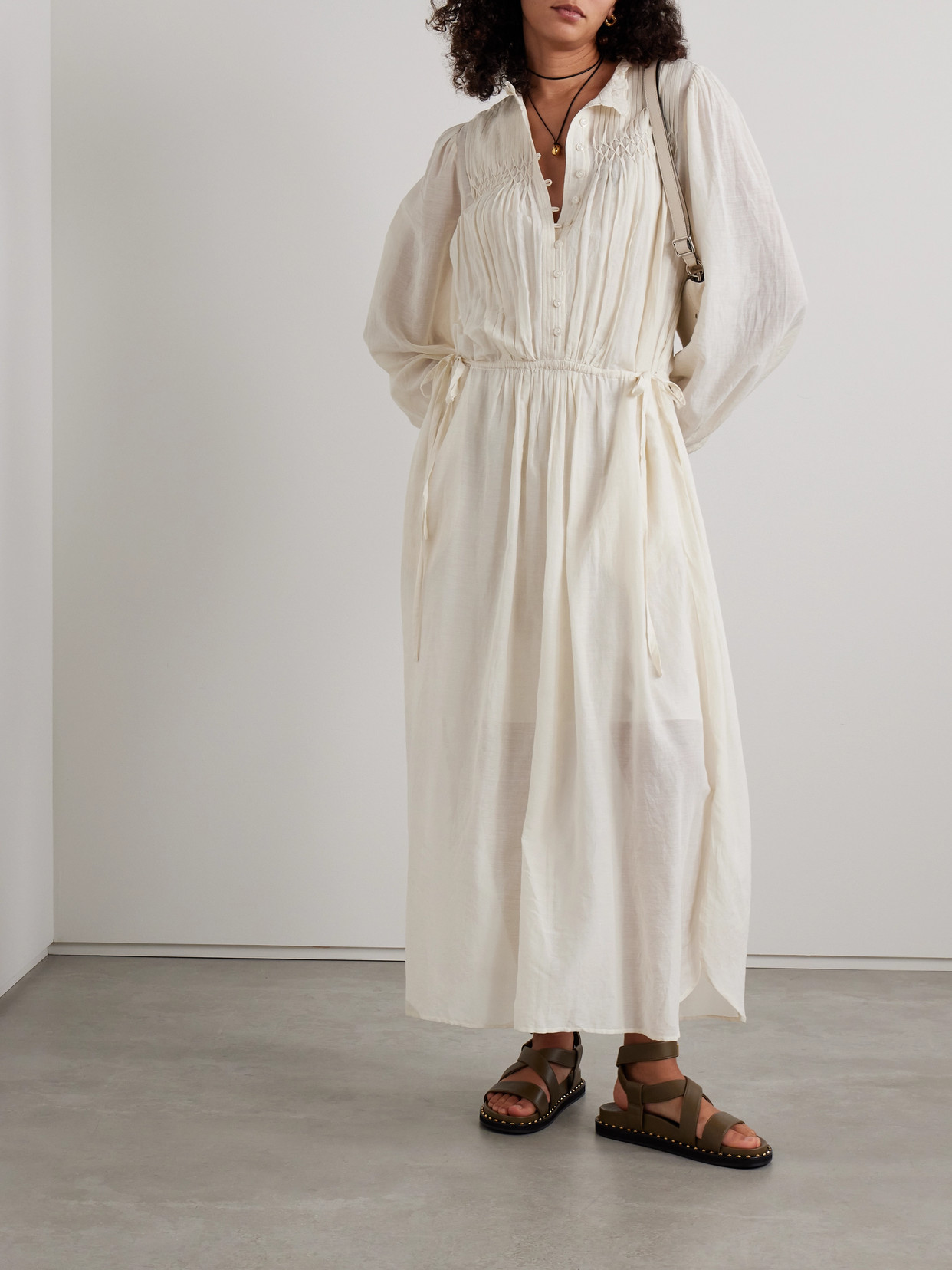 ISABEL MARANT ÉTOILE DALIDA SMOCKED COTTON-BLEND VOILE MIDI DRESS