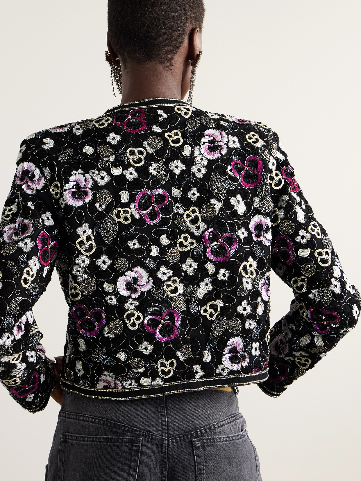 Aurely Embellished Bouclé-Trimmed Cotton-Twill Jacket
