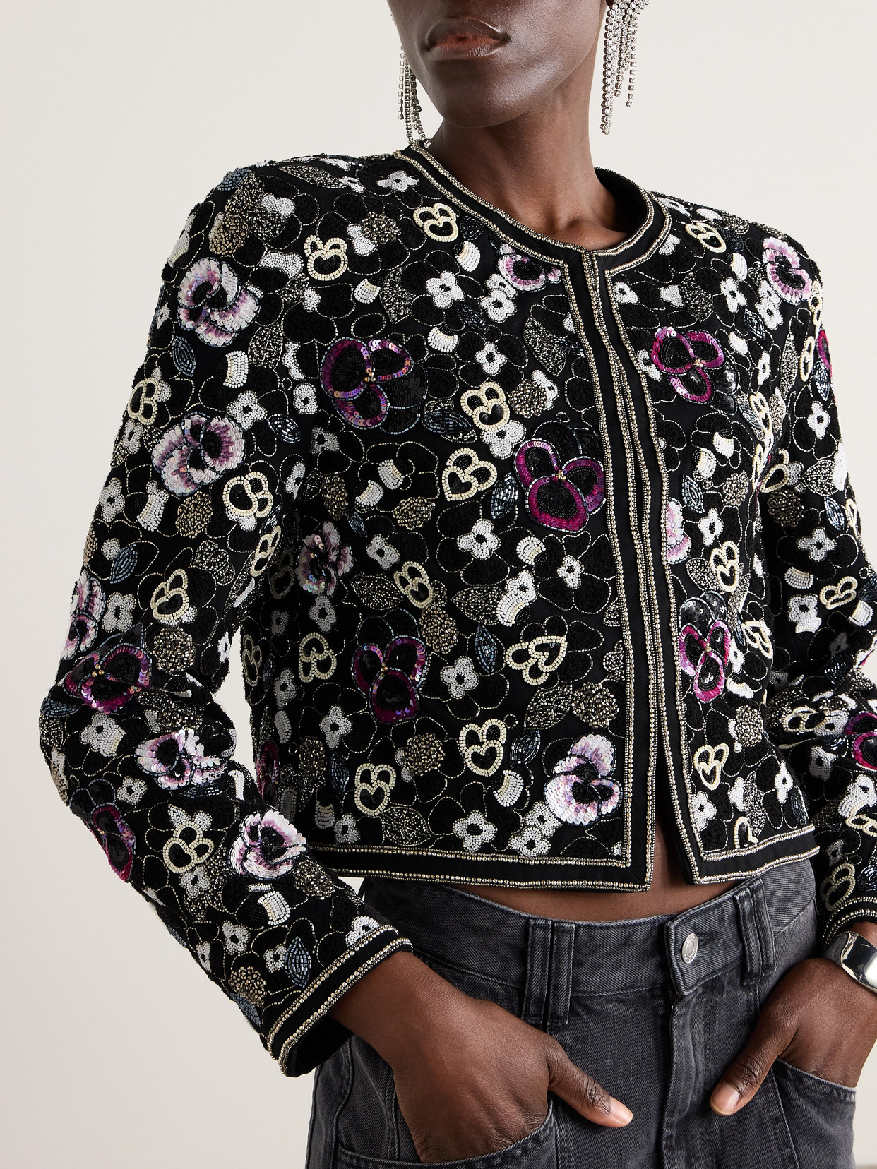 Aurely Embellished Bouclé-Trimmed Cotton-Twill Jacket