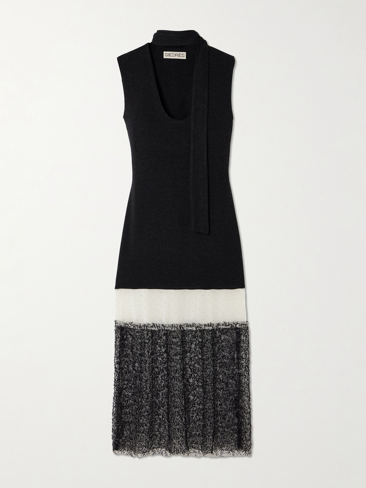 SIEDRES ESA EMBELLISHED TIERED RIBBED-KNIT AND TULLE MIDI DRESS