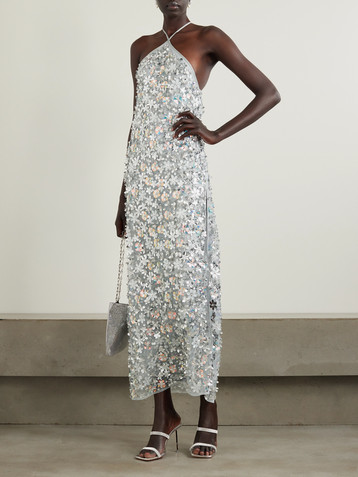 DES PHEMMES Embellished tulle halterneck midi dress