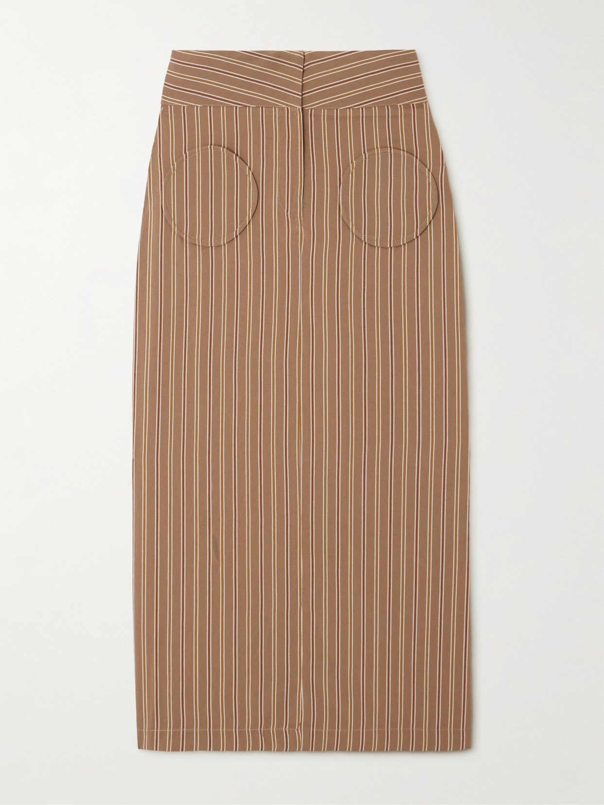 D'estree Takashi Appliquéd Striped Twill Midi Skirt In Brown
