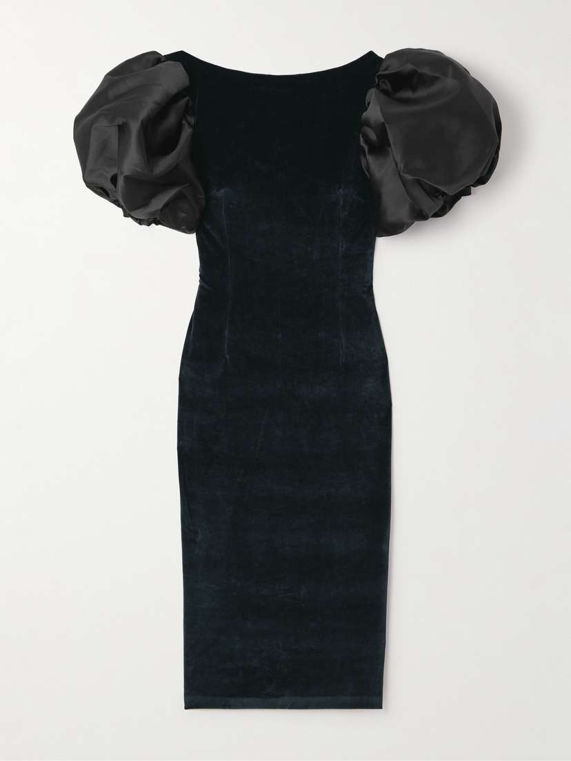 DESTREE Suzanne Faille-trimmed Cotton-blend Velvet Midi Dress