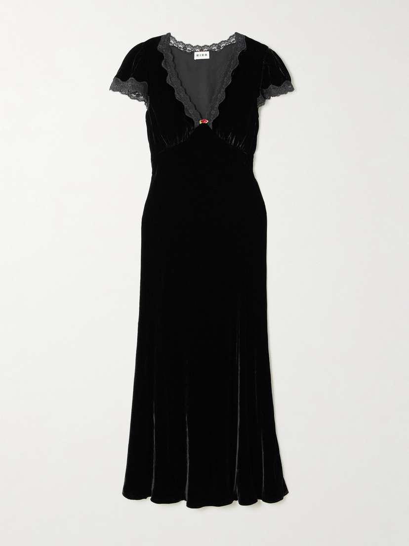 Rixo Clarice Appliquéd Lace-trimmed Velvet Midi Dress