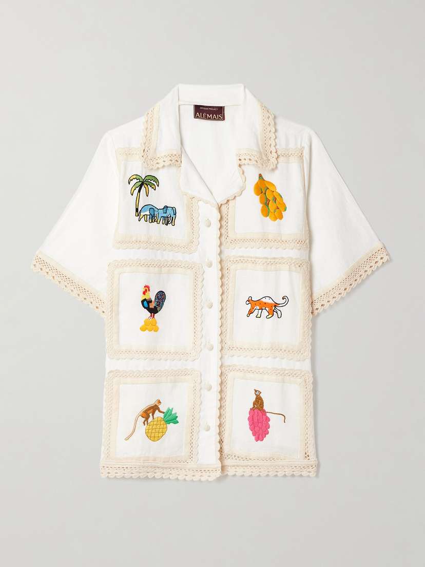 ALEMAIS Teddy Crochet-trimmed Embroidered Linen Shirt - UK 14