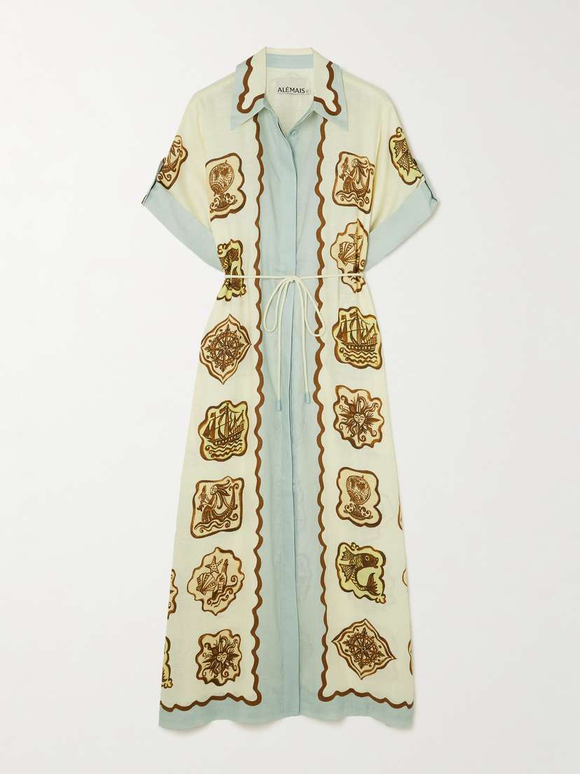 ALEMAIS Relic Belted Printed Linen Midi Shirt Dress - UK 14