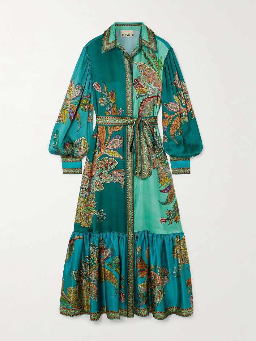 ALEMAIS Franca Belted Tiered Printed Silk-satin Maxi Shirt Dress - UK 14