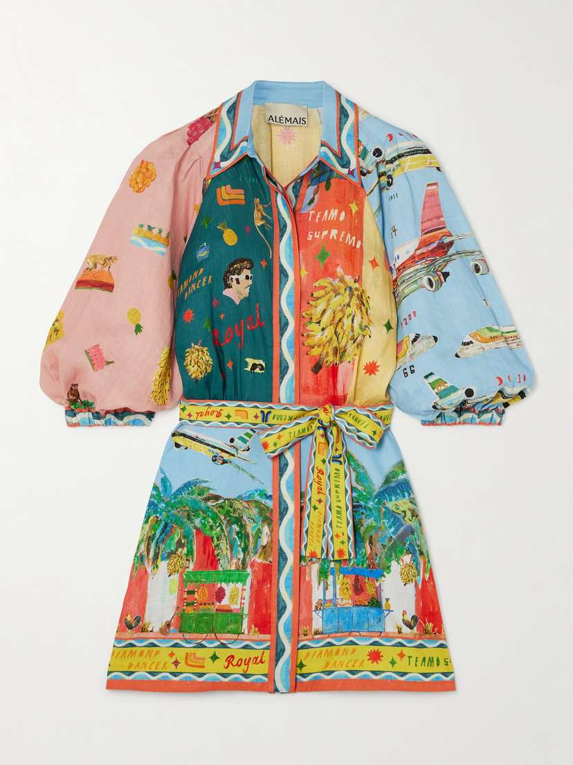 ALEMAIS + Adam Lester All Aboard Belted Printed Linen Mini Shirt Dress - UK 14