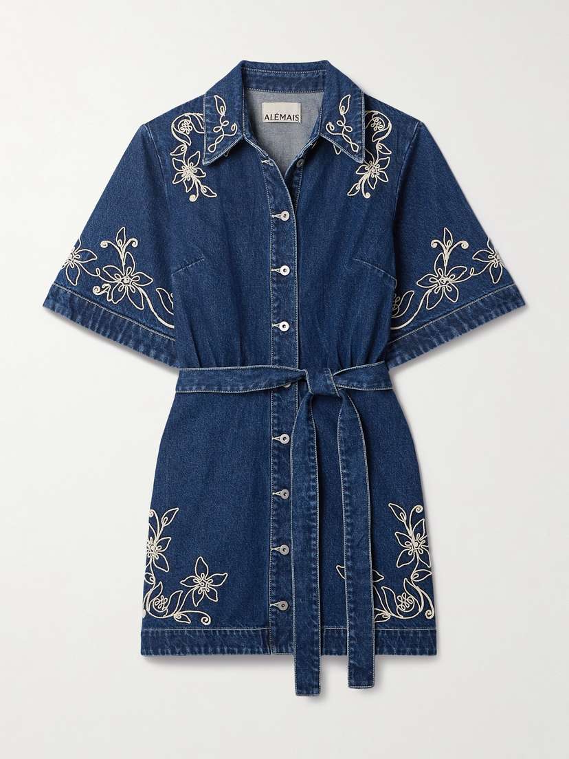 ALEMAIS Carmen Embroidered Belted Denim Mini Shirt Dress - UK 14