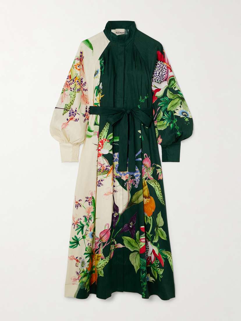 ALEMAIS Aggie Belted Floral-print Linen-blend Midi Shirt Dress - UK 14