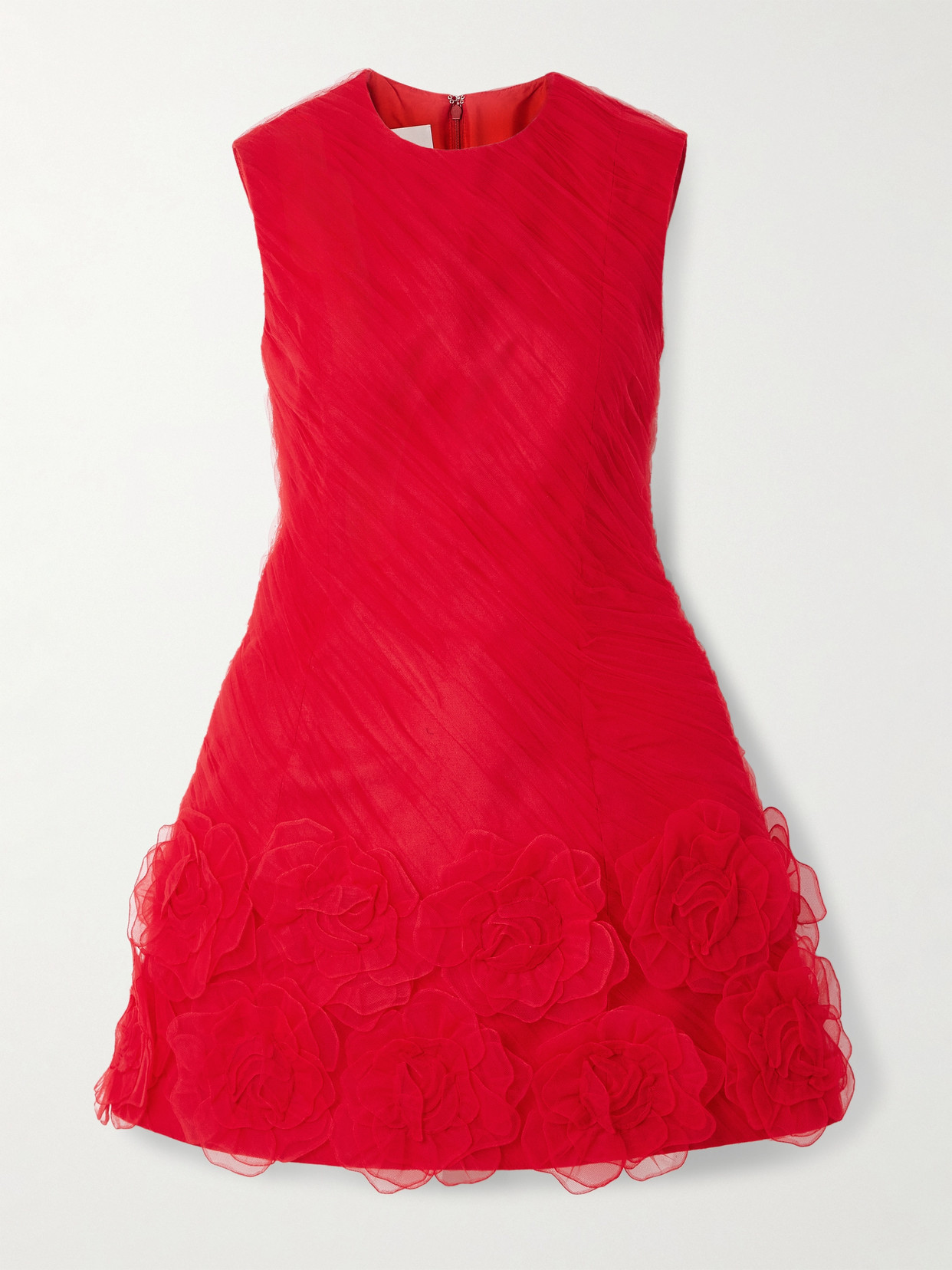 Valentino Appliquéd Gathered Tulle Mini Dress In Red