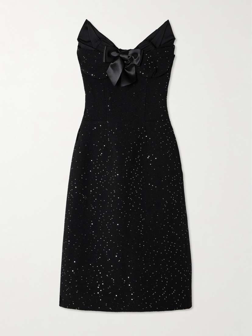 SHUSHU/TONG Strapless Satin And Faille-trimmed Sequined Wool-blend Midi Dress