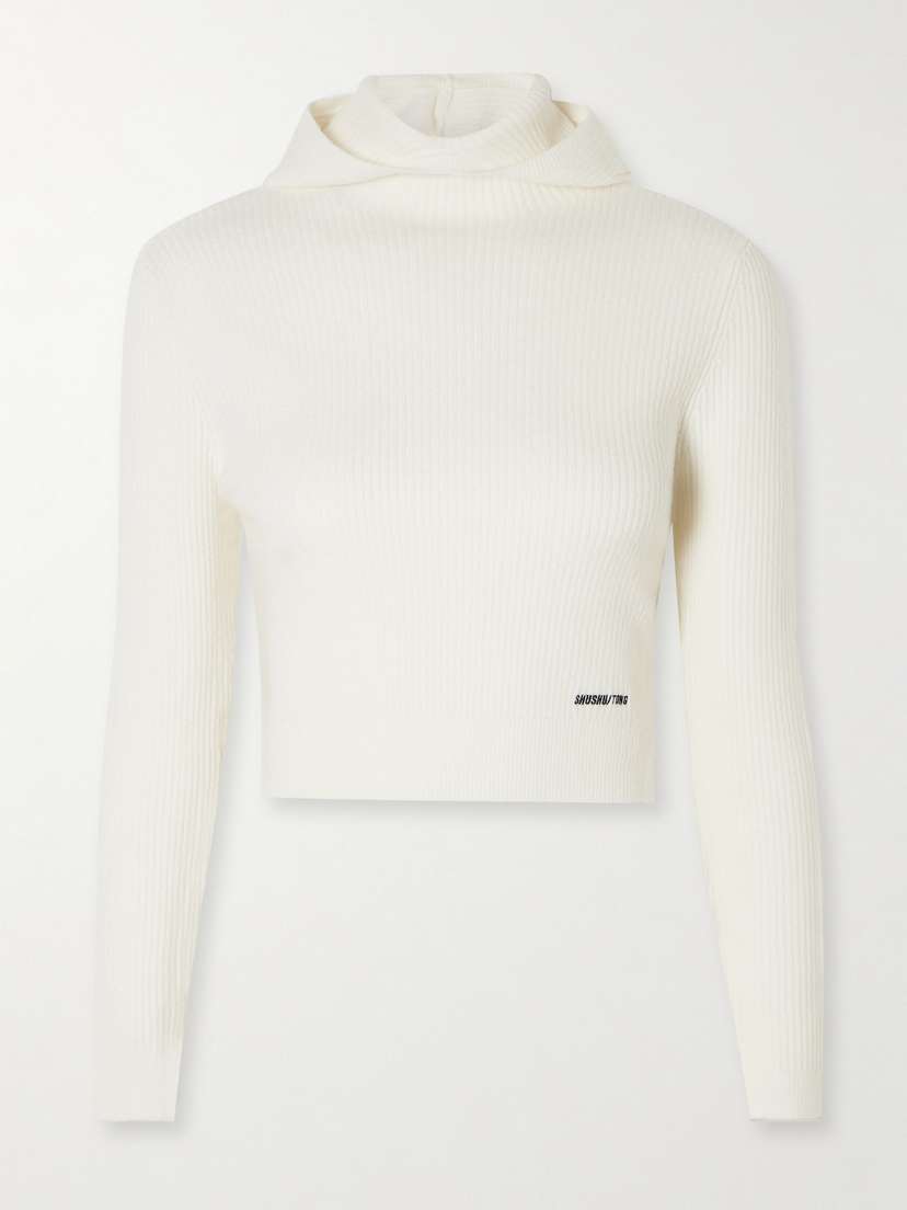 SHUSHU/TONG Hooded Cropped Bow-embellished Ribbed Wool-blend Turtleneck Sweater - UK 12