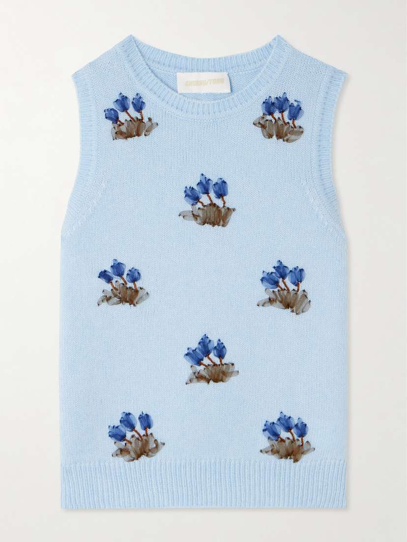 SHUSHU/TONG Embellished Tulle-trimmed Knitted Tank