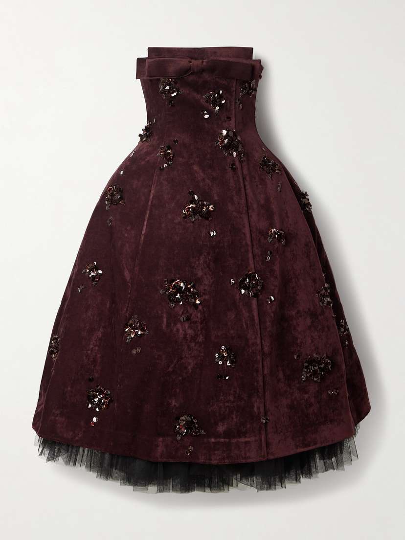 SHUSHU/TONG Strapless Bow-detailed Embellished Velvet Midi Dress - UK 12