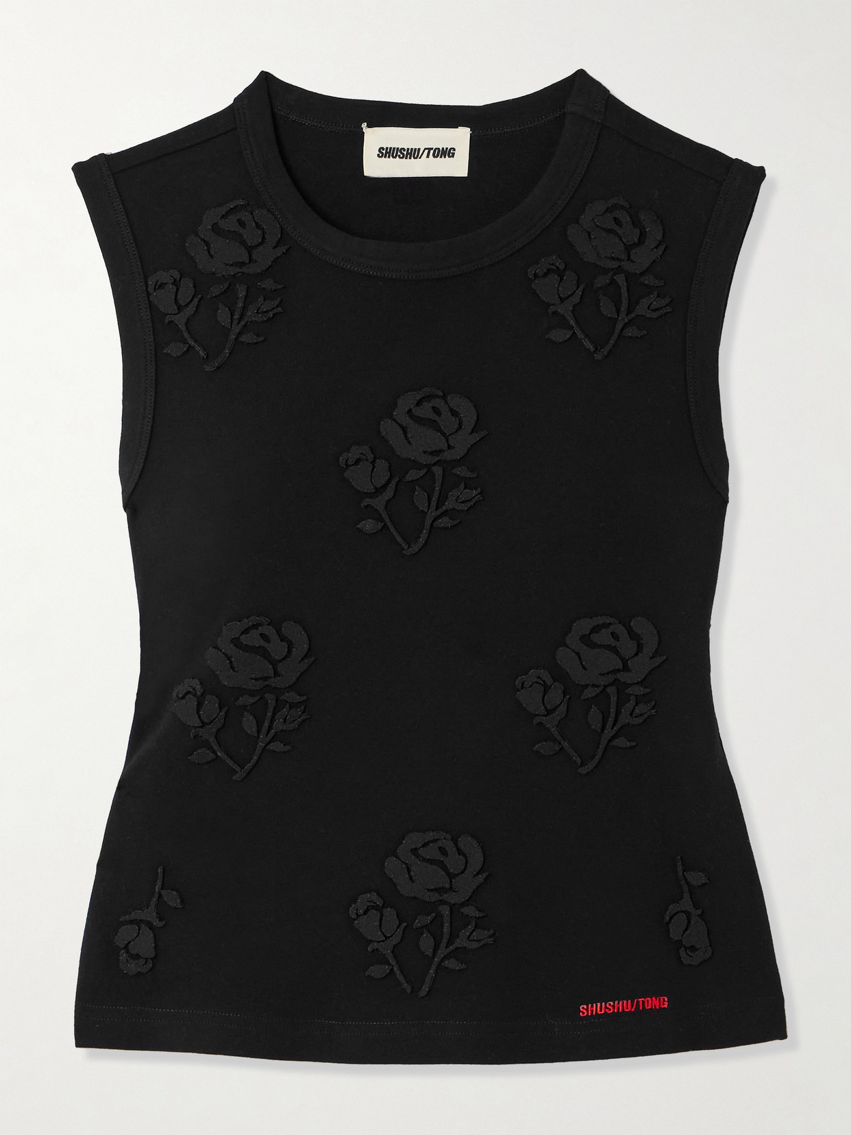 SHUSHU/TONG - Stereo Floral-appliquéd Stretch-cotton Jersey Tank - Black