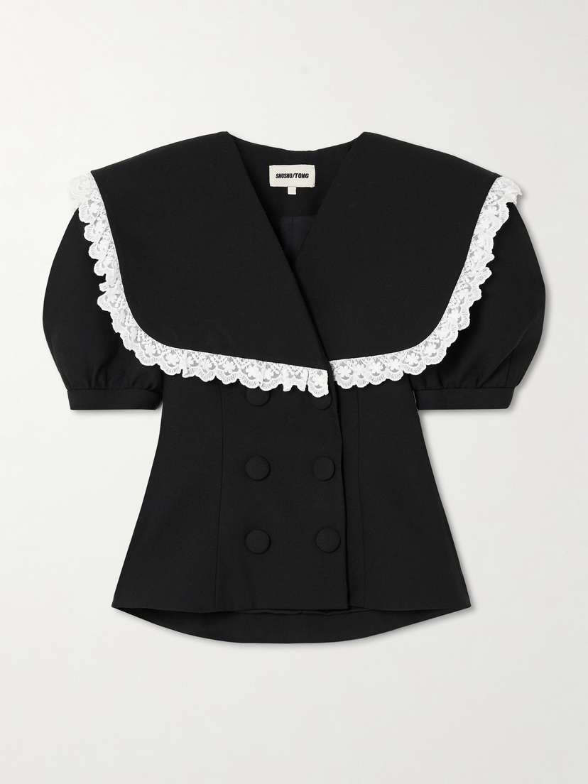 SHUSHU/TONG Oversized Double-breasted Lace-trimmed Wool And Silk-blend Jacket - UK 12