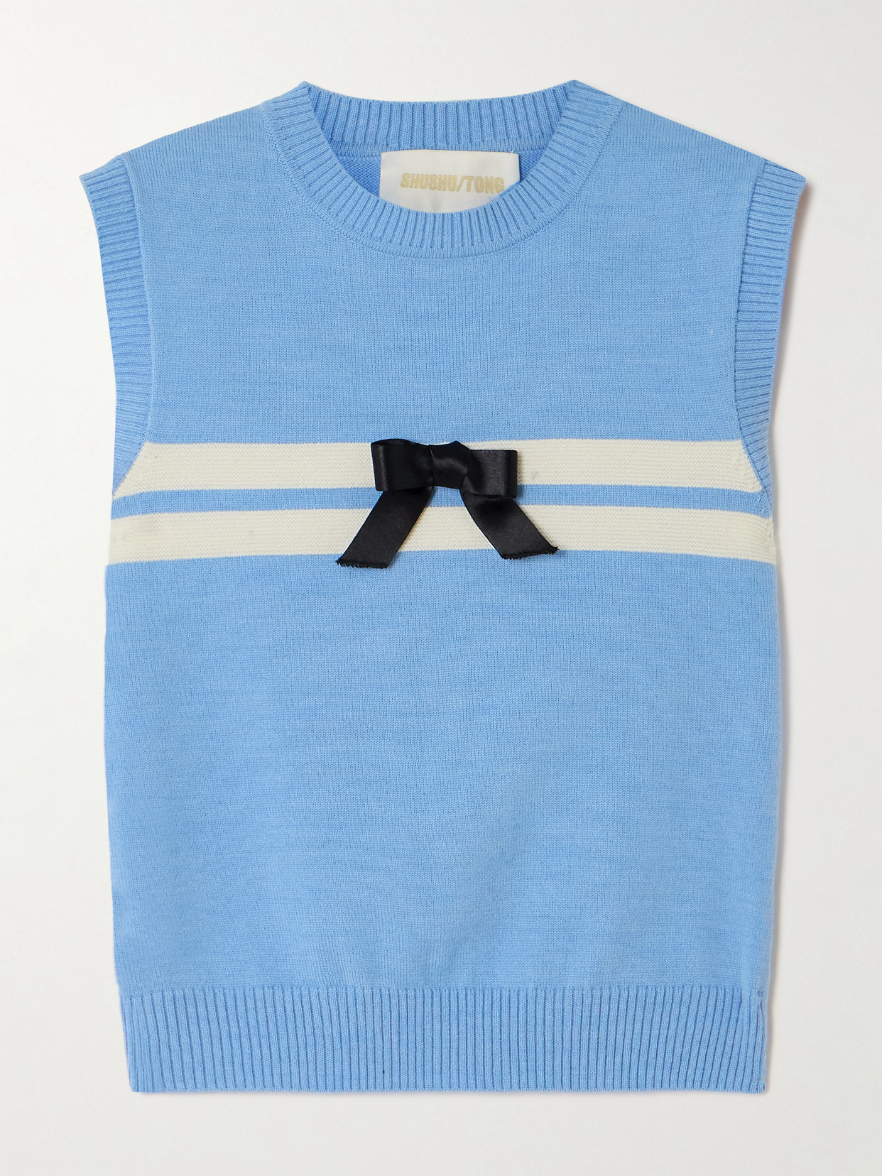 SHUSHU/TONG - Bow-embellished Striped Intarsia-knit Tank - Blue