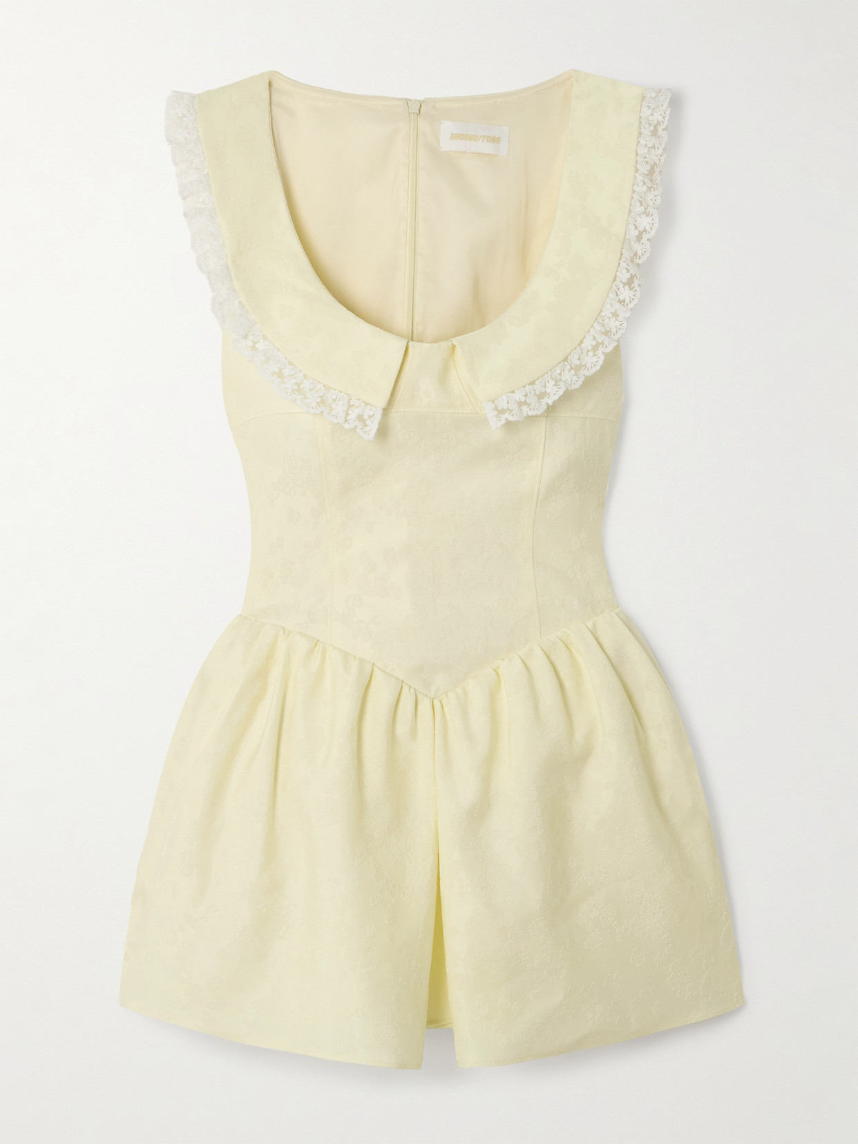 Shushu-tong Ruffled Lace-trimmed Cady-jacquard Mini Dress In Yellow