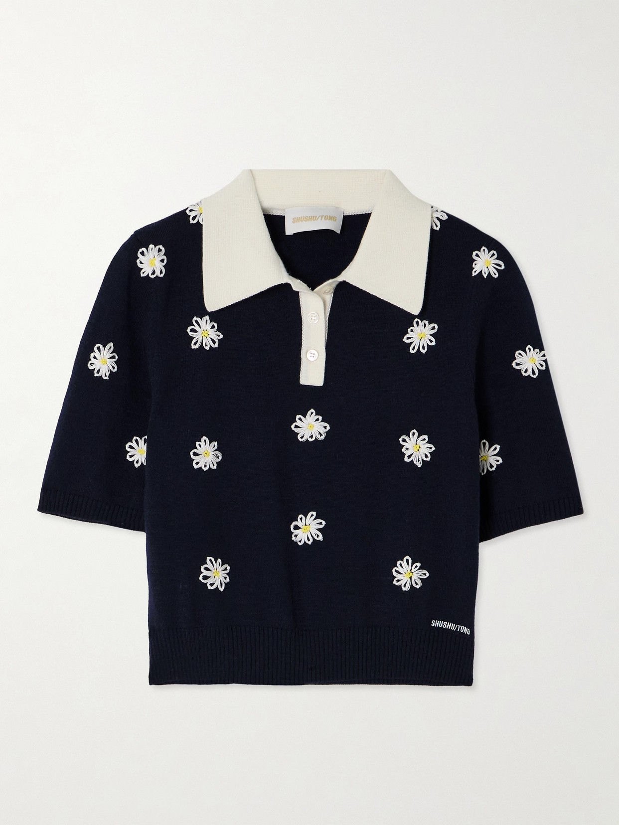 SHUSHU/TONG - Cropped Embroidered Knitted Polo Shirt - Blue