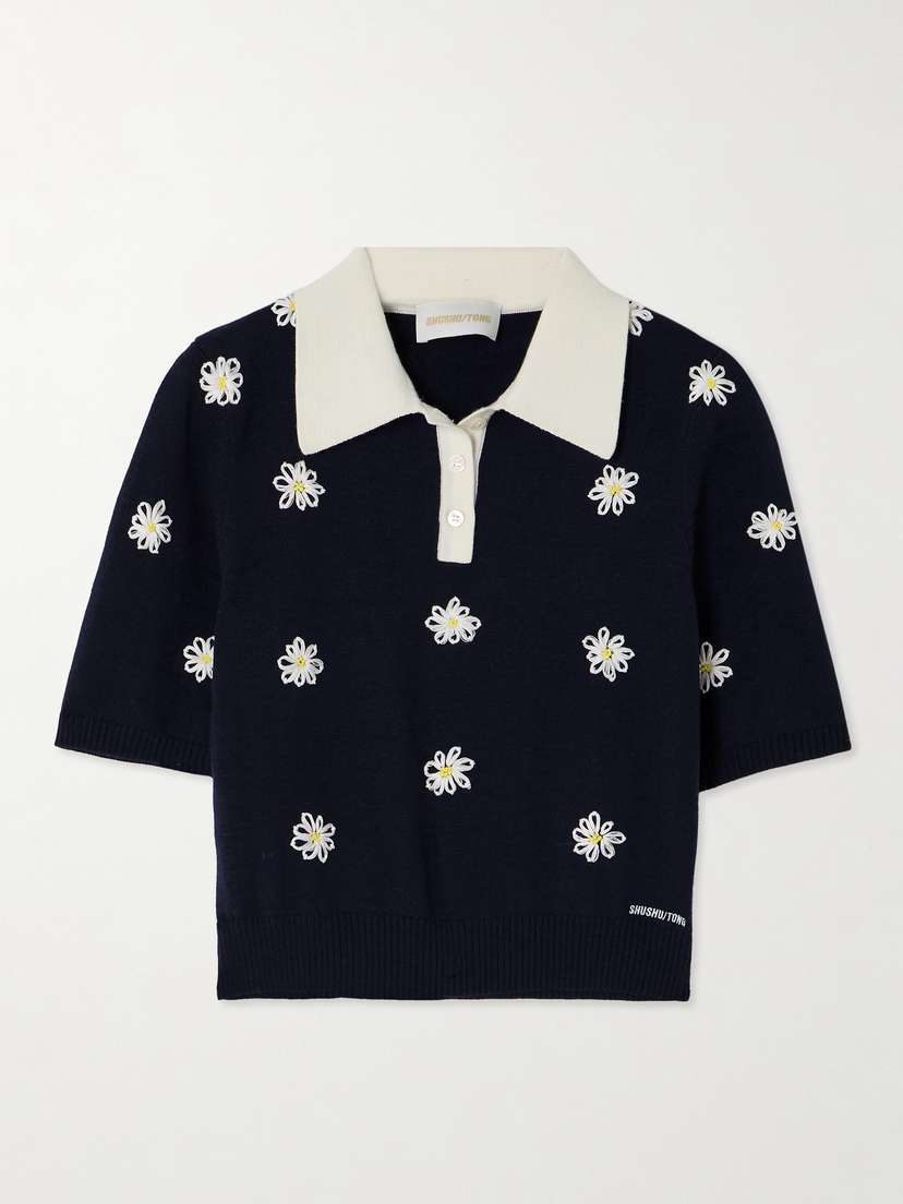 SHUSHU/TONG Cropped Embroidered Knitted Polo Shirt