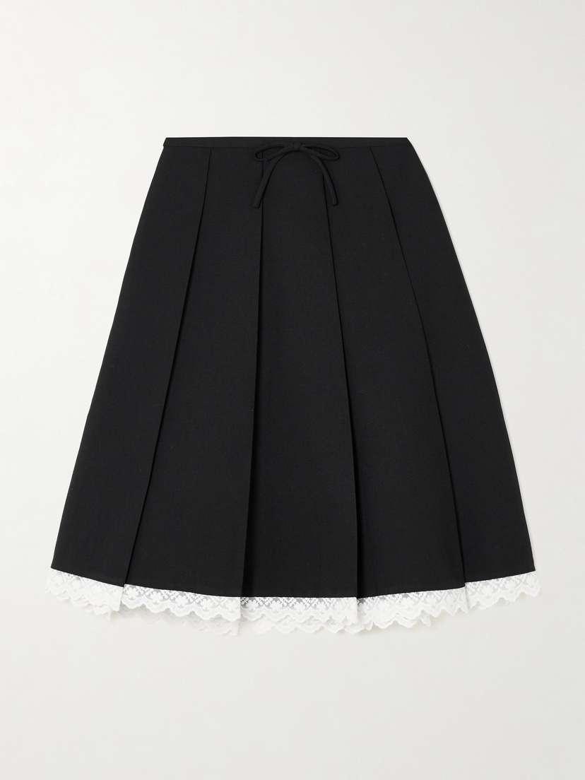 SHUSHU/TONG Lace-trimmed Pleated Wool And Silk-blend Midi Skirt