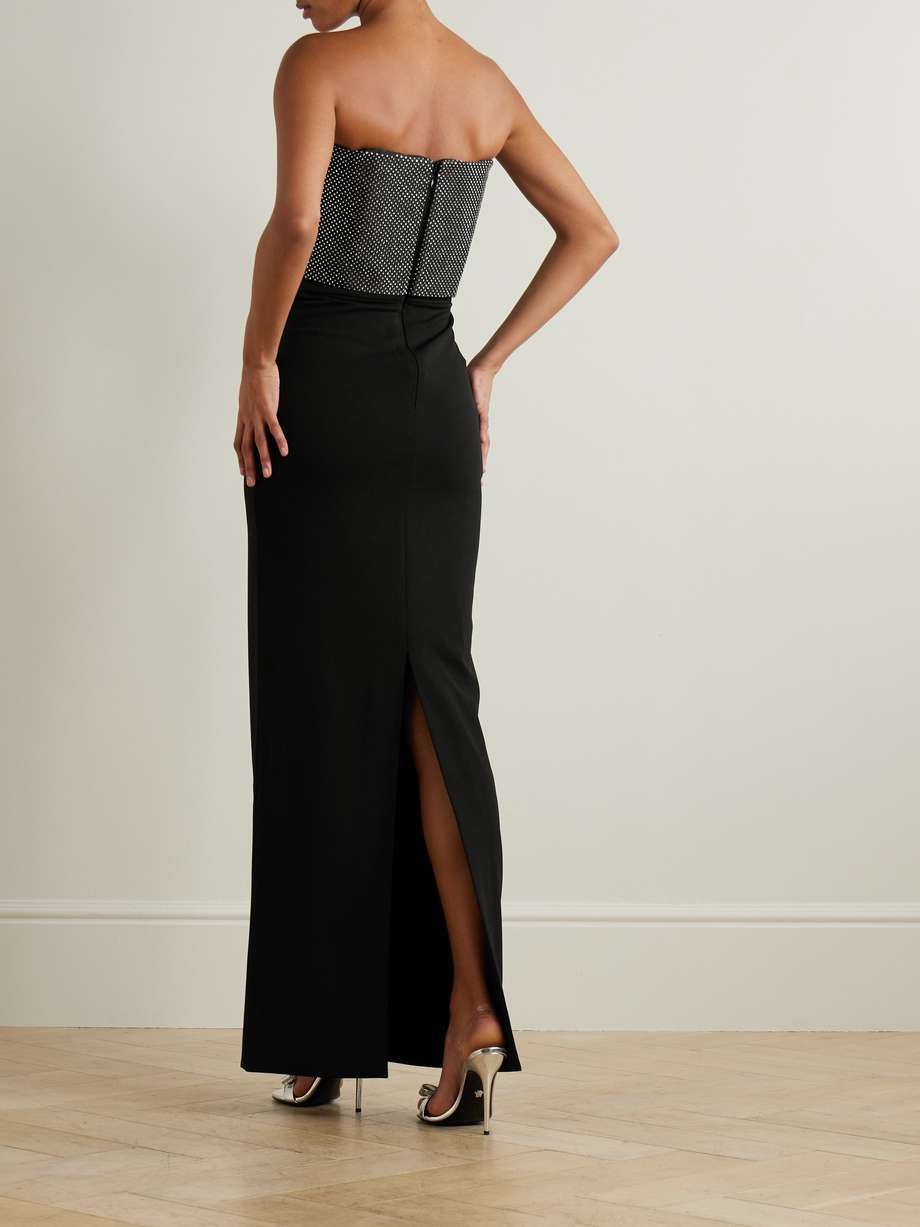 brandi strapless layered crystal-embellished satin-twill trimmed stretch-cady gown