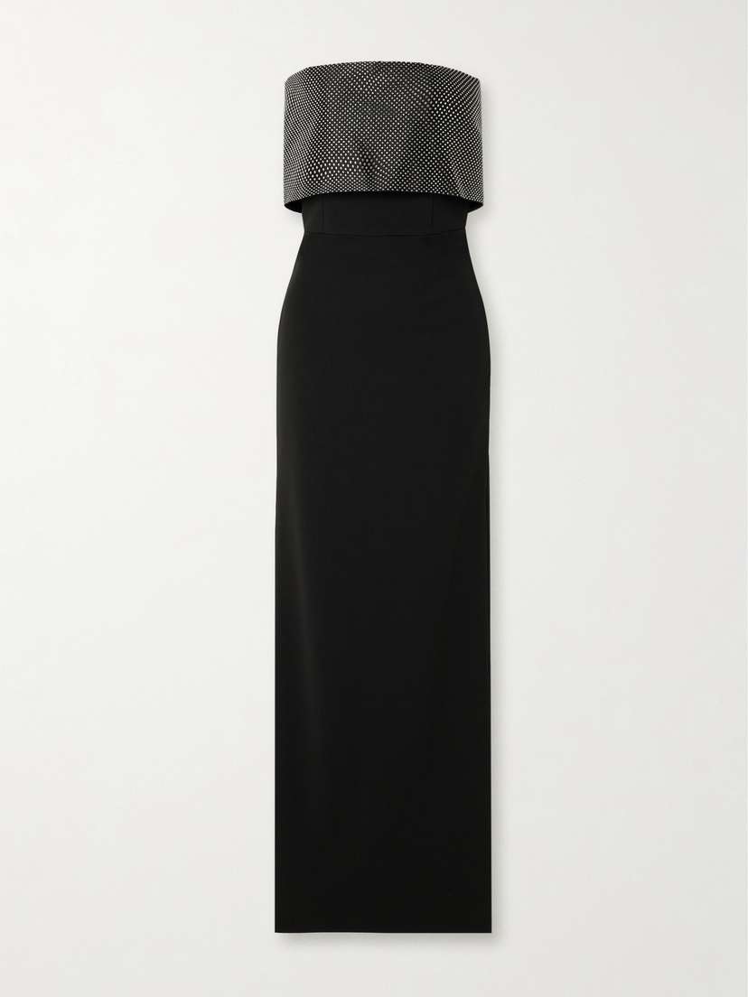 Solace London Brandi Strapless Layered Crystal-embellished Satin-twill Trimmed Stretch-cady Gown