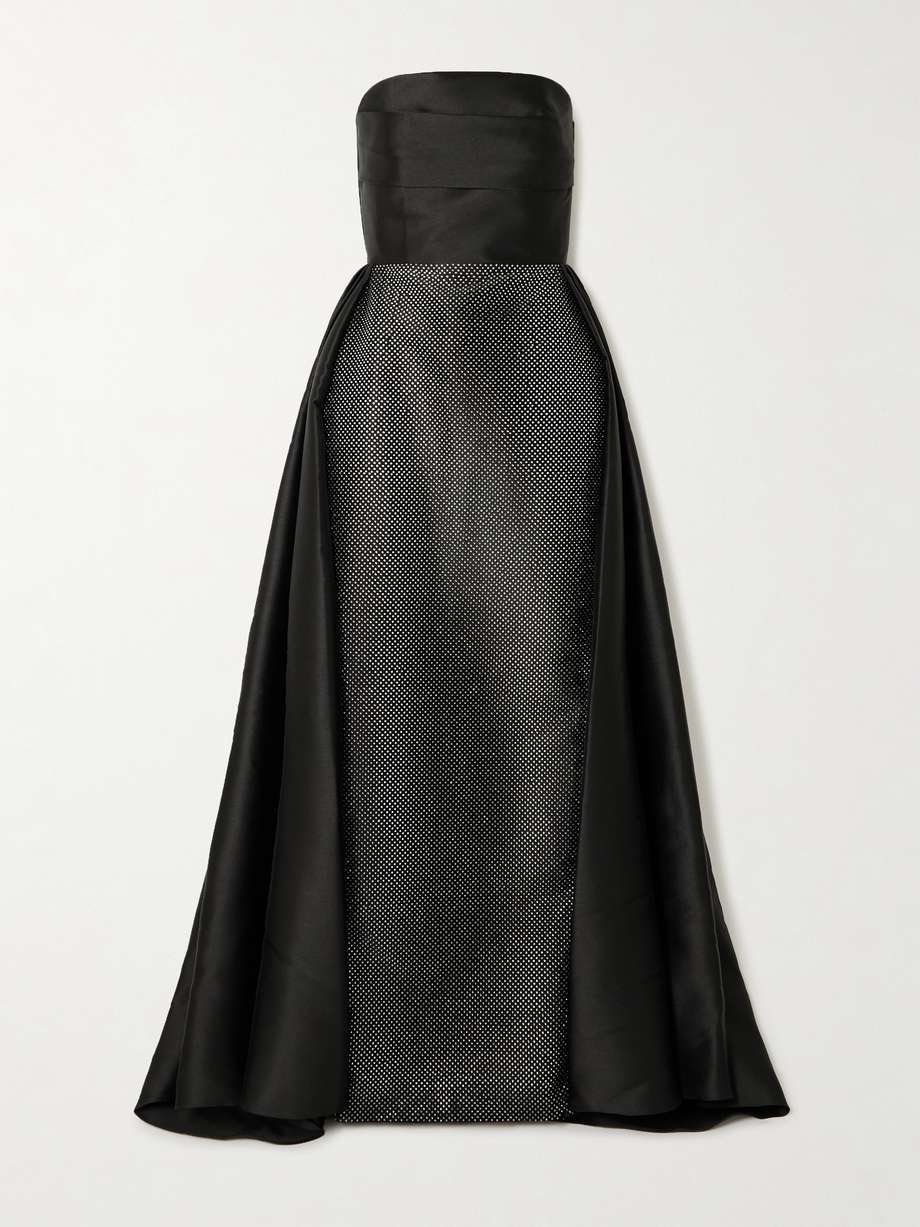 tiffany crystal-embellished strapless pleated satin-twill gown