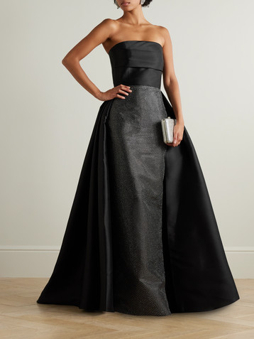 Solace London Tiffany crystal-embellished strapless pleated satin-twill gown